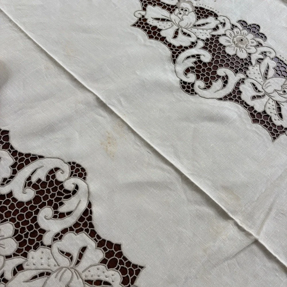 Vintage BLI Madeira Hand Embroidered Pure Linen Tablecloth Napkin Set Portugal